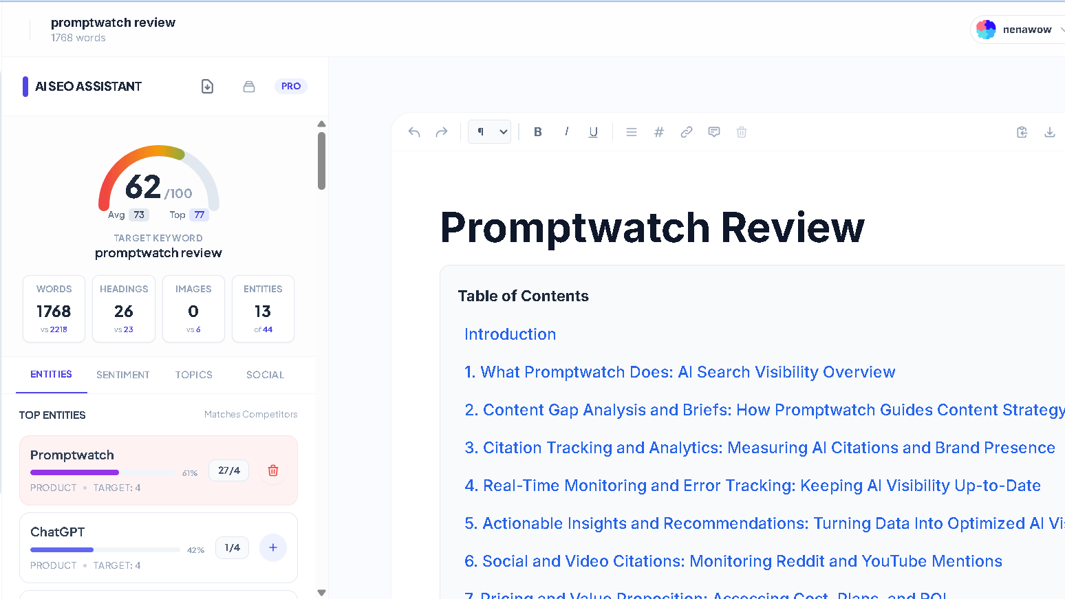 Katteb AI SEO Assistant article editor showing content optimization score, target keyword analysis, and article drafting workspace