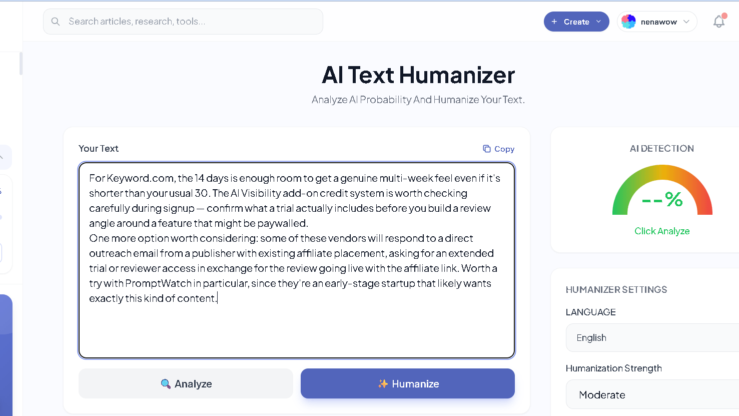 Katteb AI Text Humanizer interface showing AI detection analysis and content humanization settings