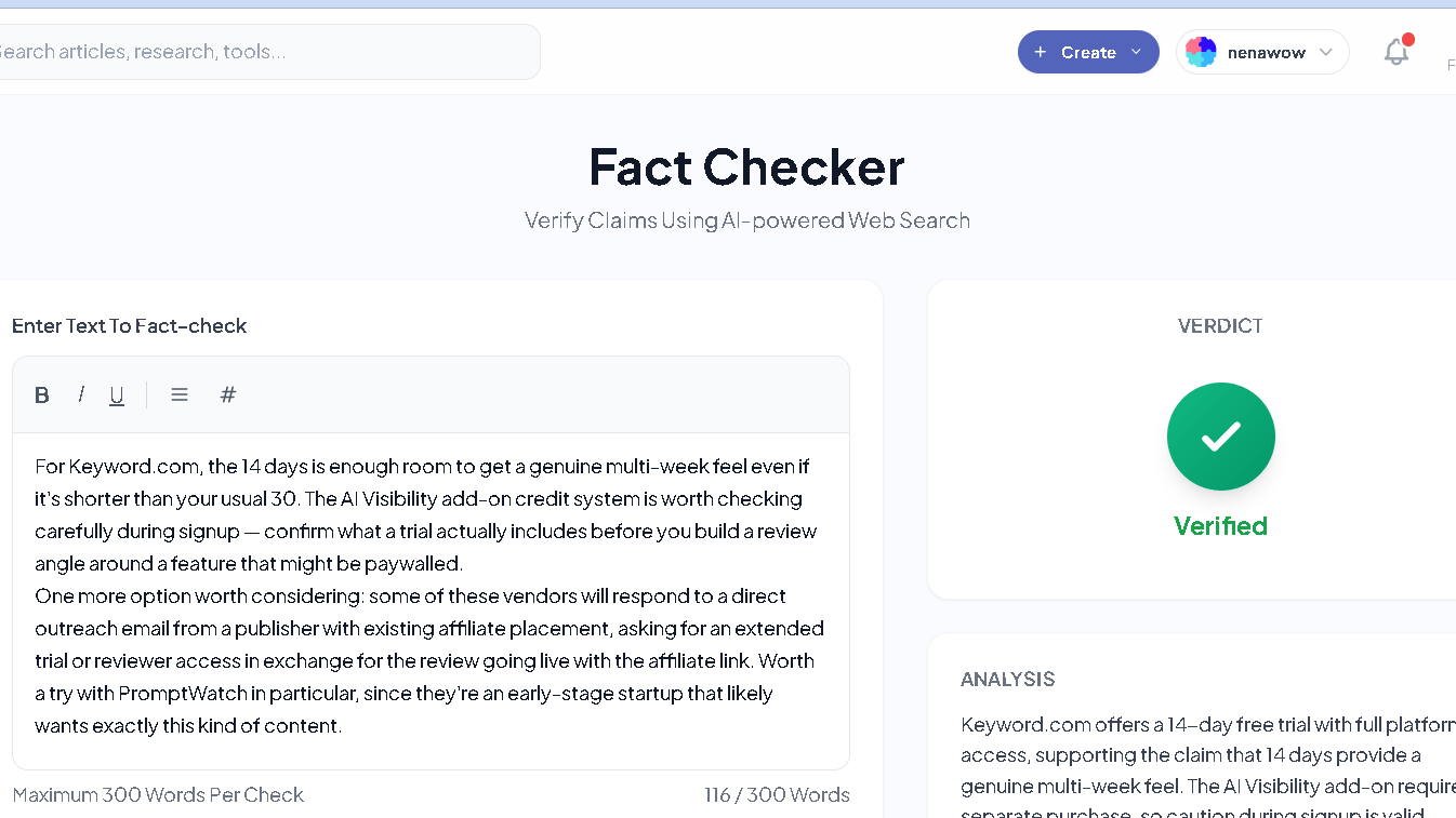 Katteb AI Fact Checker verifying content claims with AI-powered web search and citation analysis
