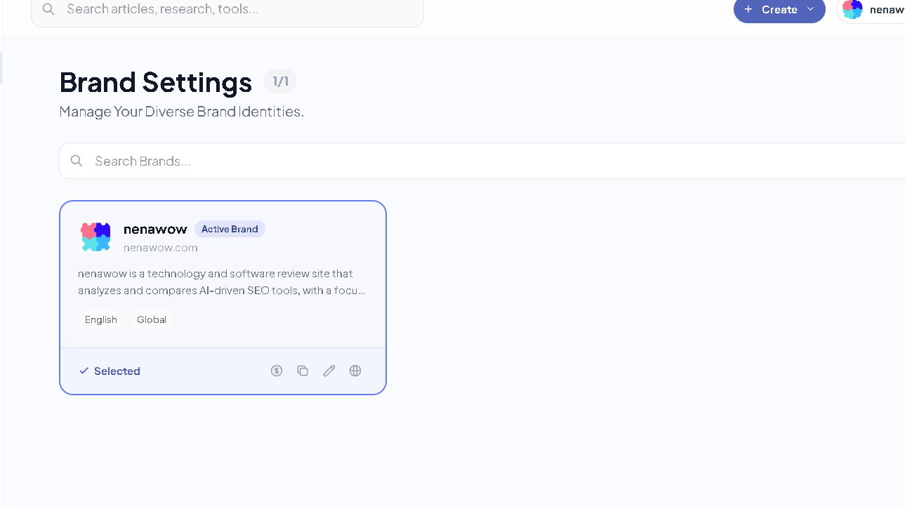 atteb brand settings dashboard showing NenaWow brand profile and content customization options