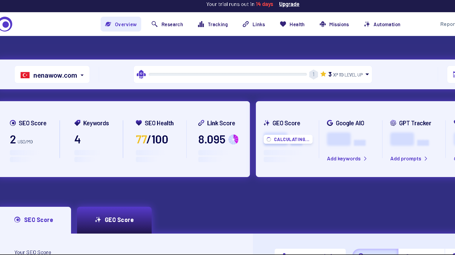 MorningScore dashboard showing SEO Score, SEO Health, Link Score, keyword tracking, and GEO Score calculation in progress for NenaWow