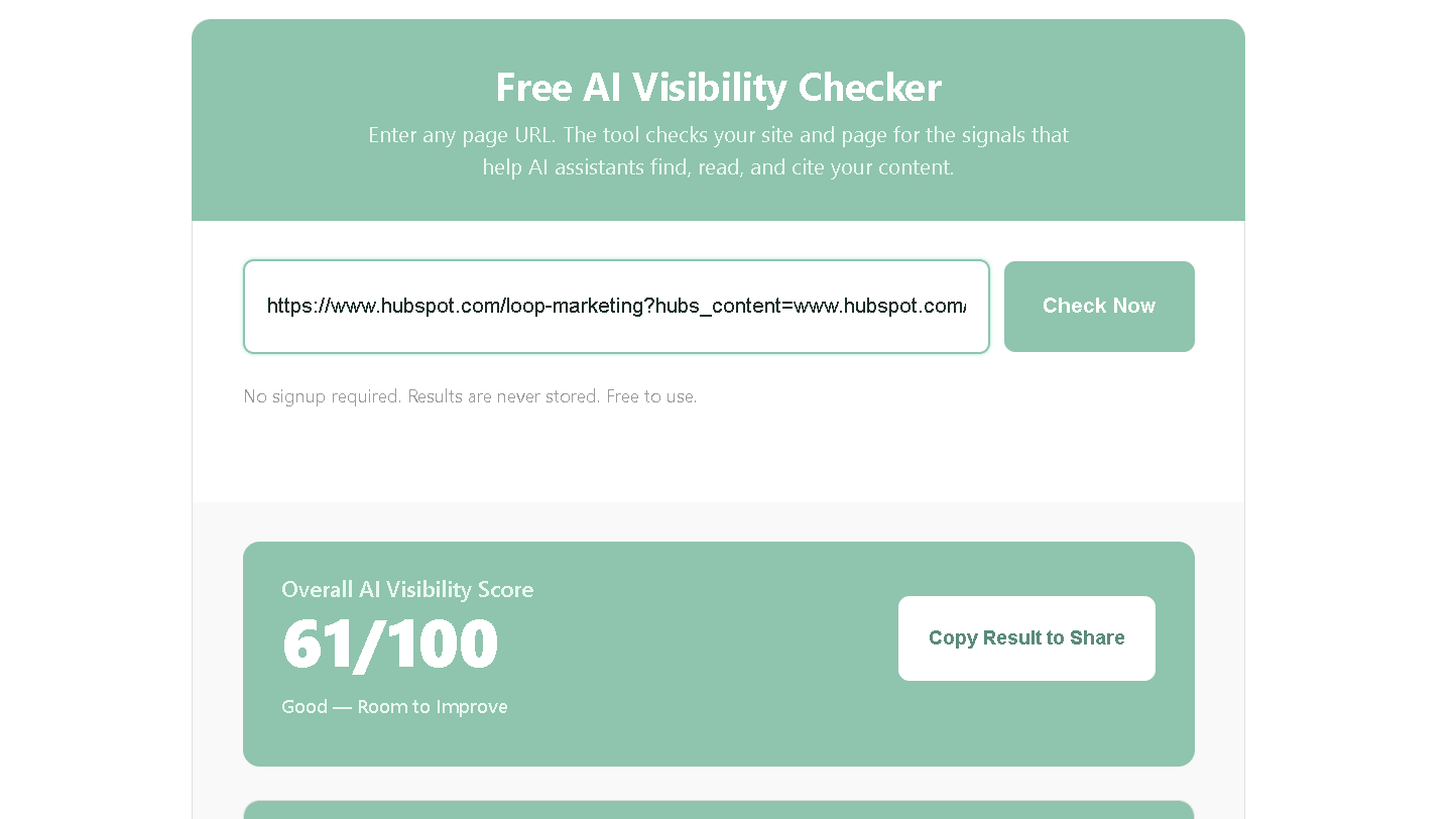 AI Visibility Checker results for HubSpot's Loop Marketing article showing an overall AI Visibility Score of 61 out of 100.
