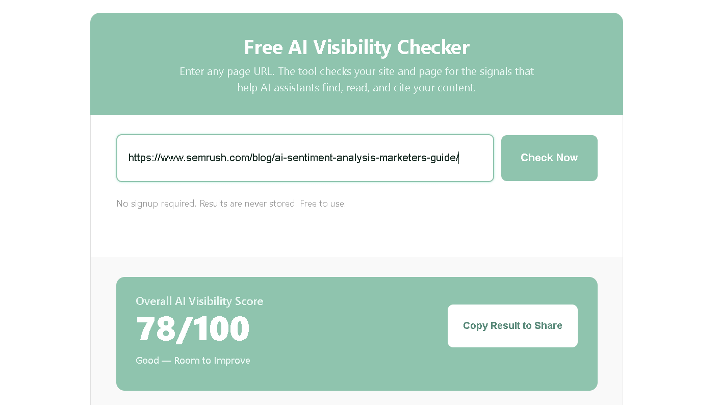 AI Visibility Checker results for Semrush's AI Sentiment Analysis guide showing an overall AI Visibility Score of 78 out of 100.