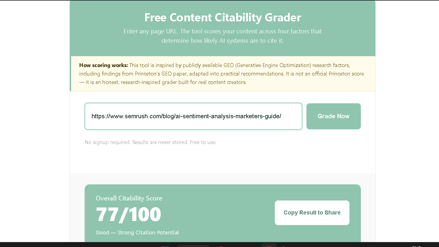 Content Citability Grader results for Semrush's AI Sentiment Analysis guide showing an overall citability score of 77 out of 100.