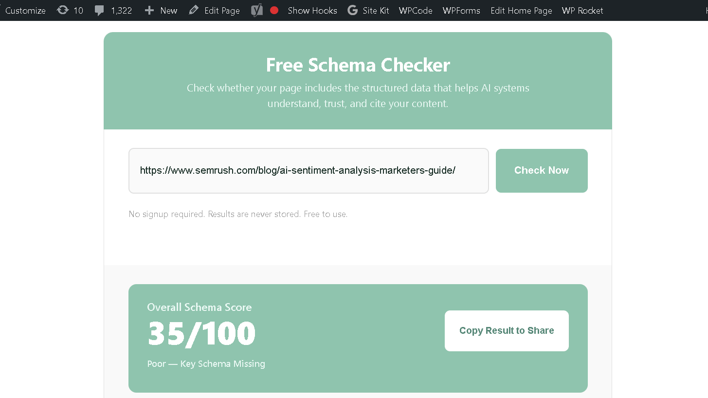 Schema Checker results for Semrush's AI Sentiment Analysis guide showing an overall schema score of 35 out of 100.