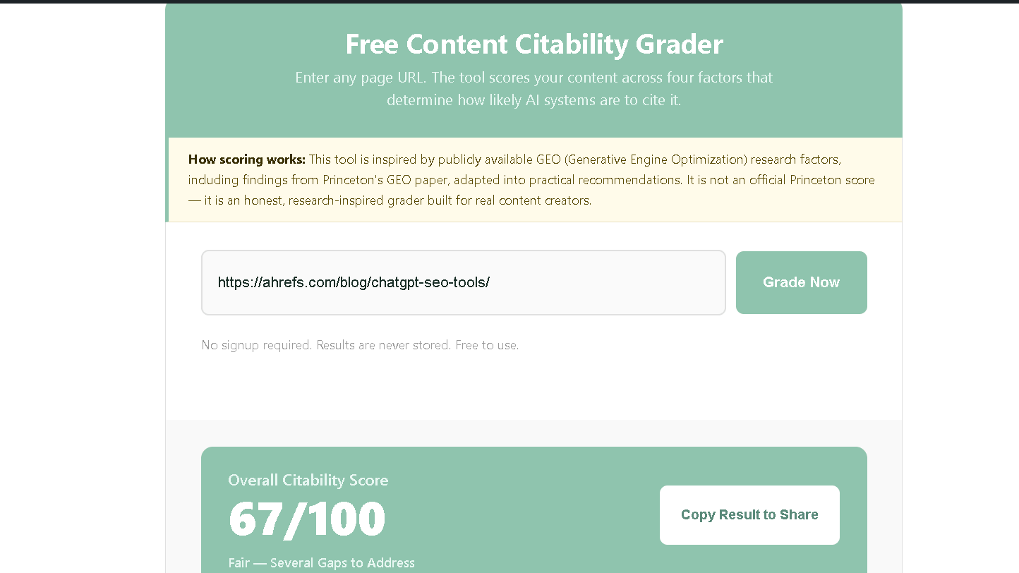 Content Citability Grader results for Ahrefs' 10 ChatGPT SEO Tools article showing an overall citability score of 67 out of 100.