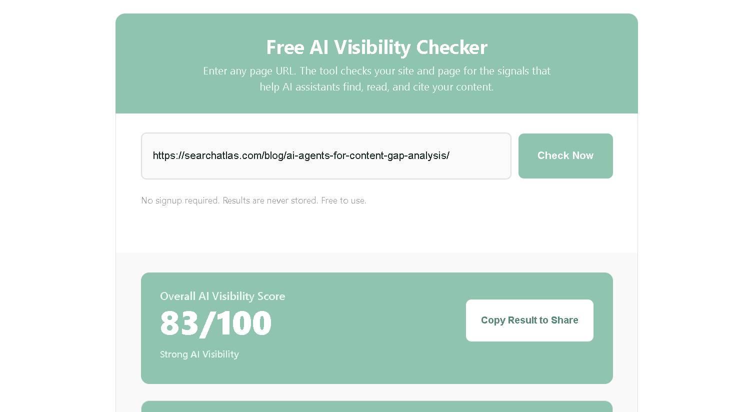 AI Visibility Checker results for Search Atlas' AI Agents for Content Gap Analysis article showing an overall AI Visibility Score of 83 out of 100.