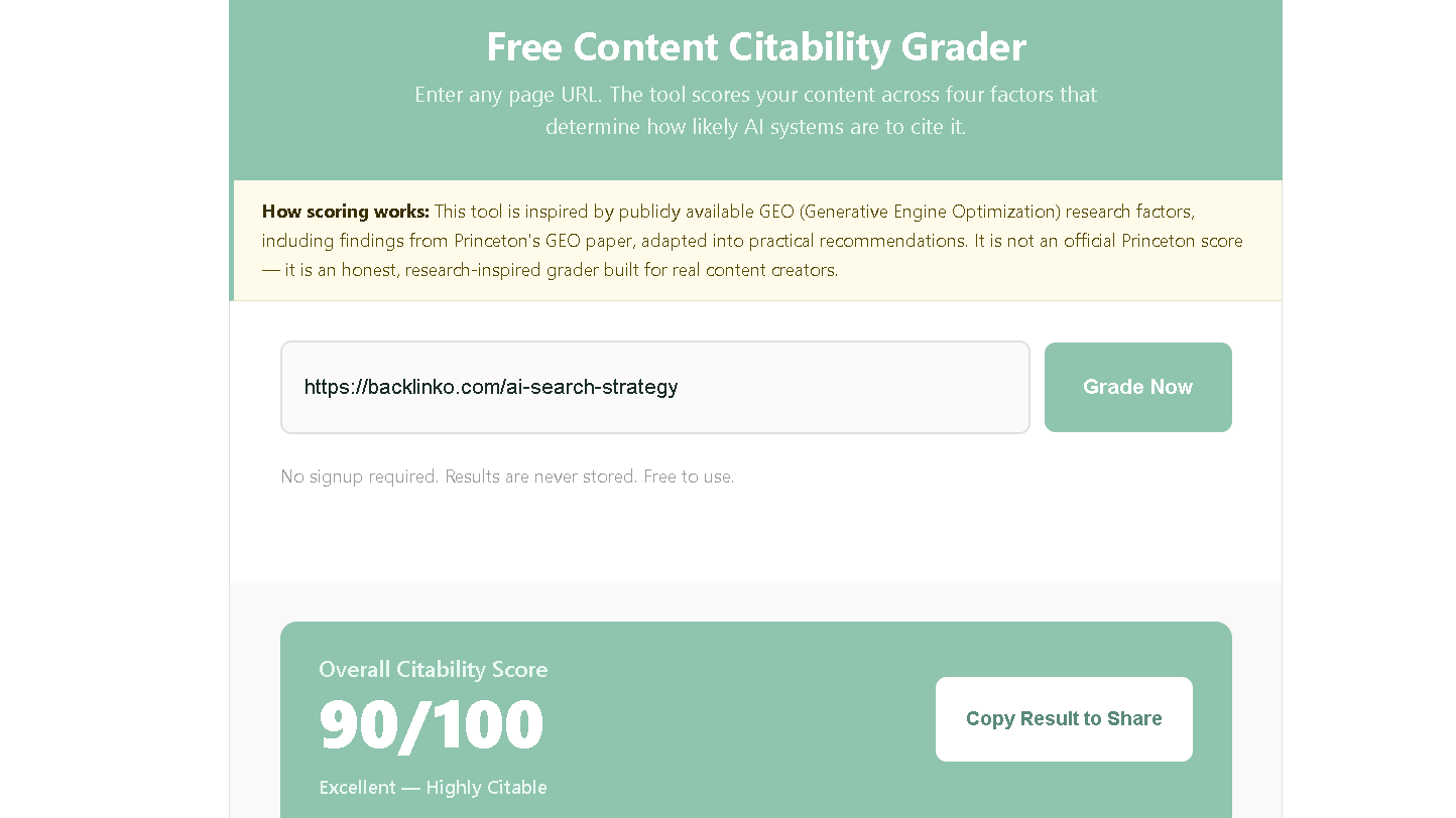 Content Citability Grader results for Backlinko's How to Rank in AI Search article showing an overall citability score of 90 out of 100.