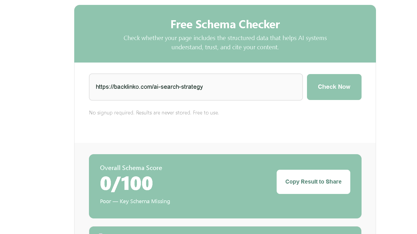 Schema Checker results for Backlinko's How to Rank in AI Search article showing an overall schema score of 0 out of 100.