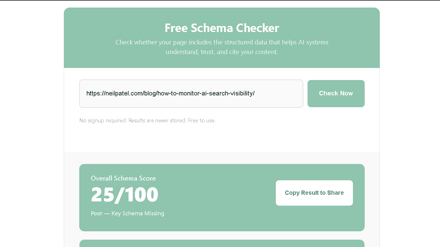 Schema Checker results for Neil Patel's How to Monitor AI Search Visibility article showing an Overall Schema Score of 25 out of 100.