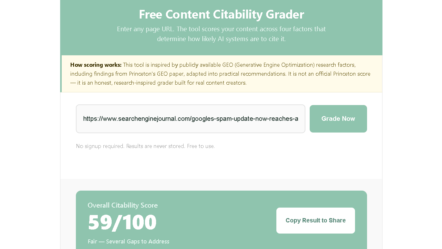 Content Citability Grader results for a Search Engine Journal article showing an Overall Citability Score of 59 out of 100.