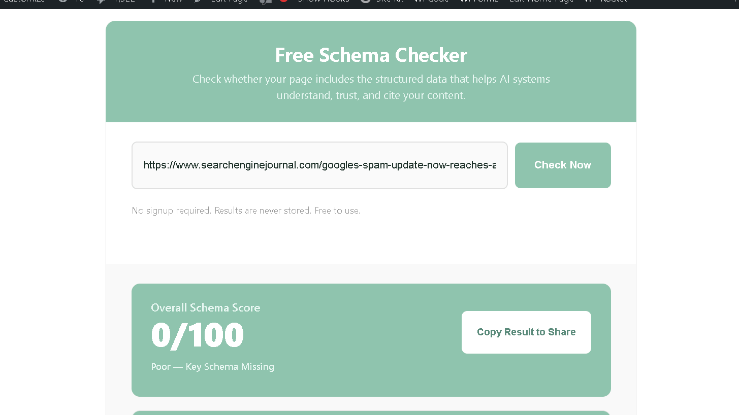 Schema Checker results for a Search Engine Journal article showing an Overall Schema Score of 0 out of 100.