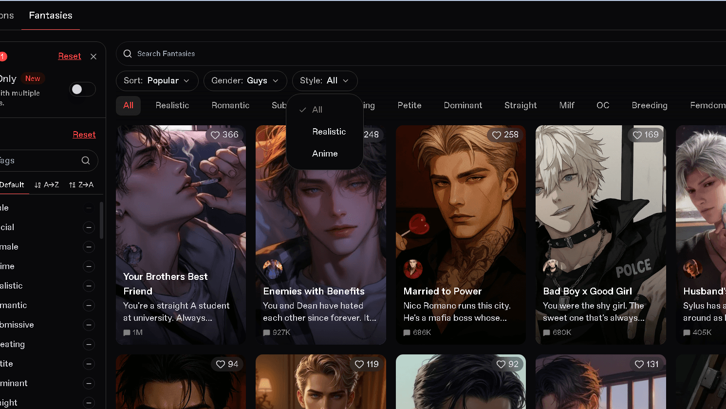 Screenshot of Nectar AI's Fantasy discovery page showing AI character cards, search filters, style selection, gender filters, NSFW toggle, and fantasy category browsing.