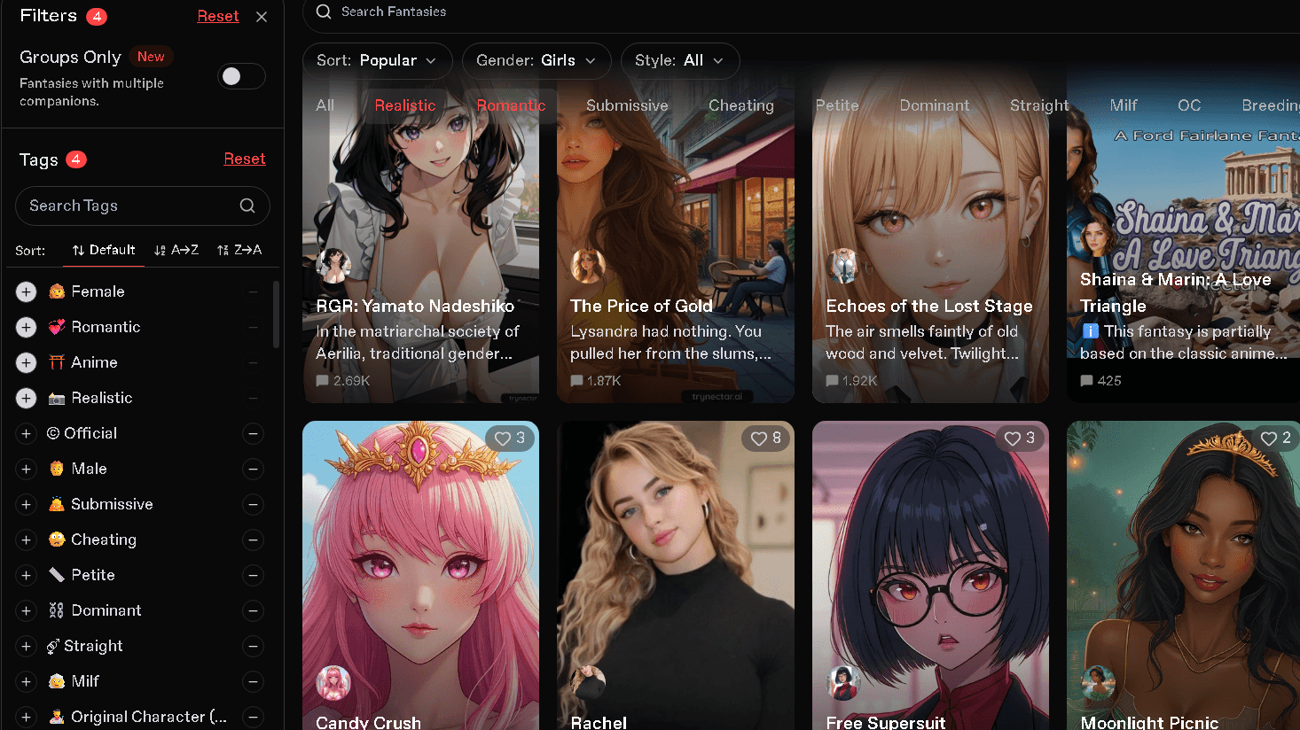 Screenshot of Nectar AI's character discovery page with filters applied for female, romantic, anime, and realistic AI companions, displaying searchable AI character cards and tag-based browsing.