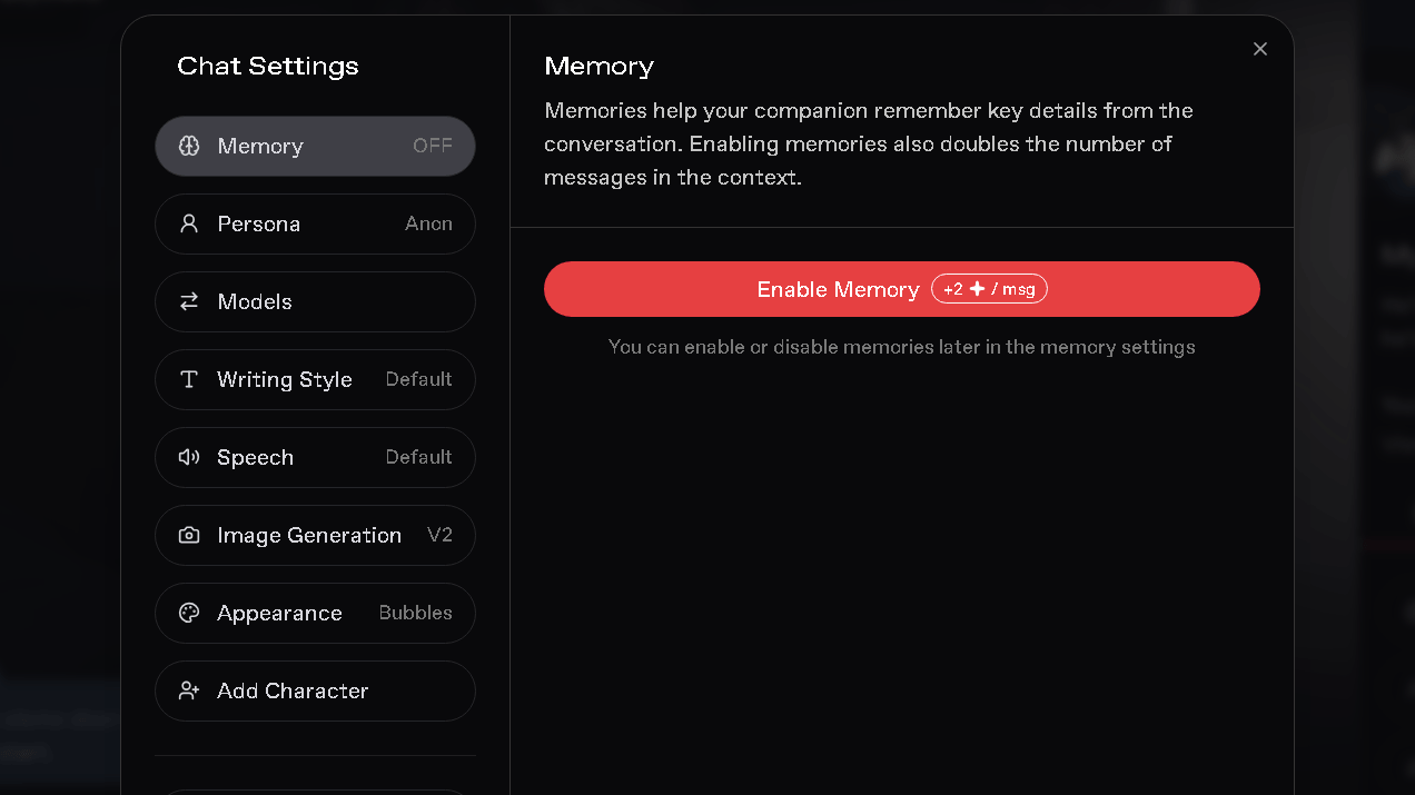 Screenshot of Nectar AI chat settings showing the Memory feature alongside persona, AI model, writing style, speech, image generation, and appearance customization options.