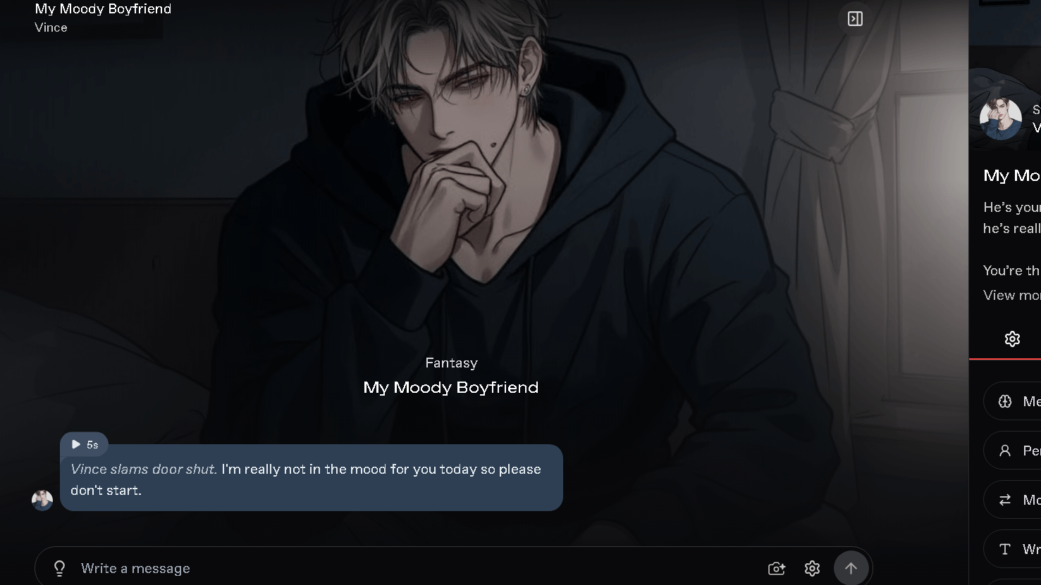 Screenshot of a conversation with the AI boyfriend character Vince in Nectar AI, showing the immersive chat interface, character profile, message area, and chat customization settings.