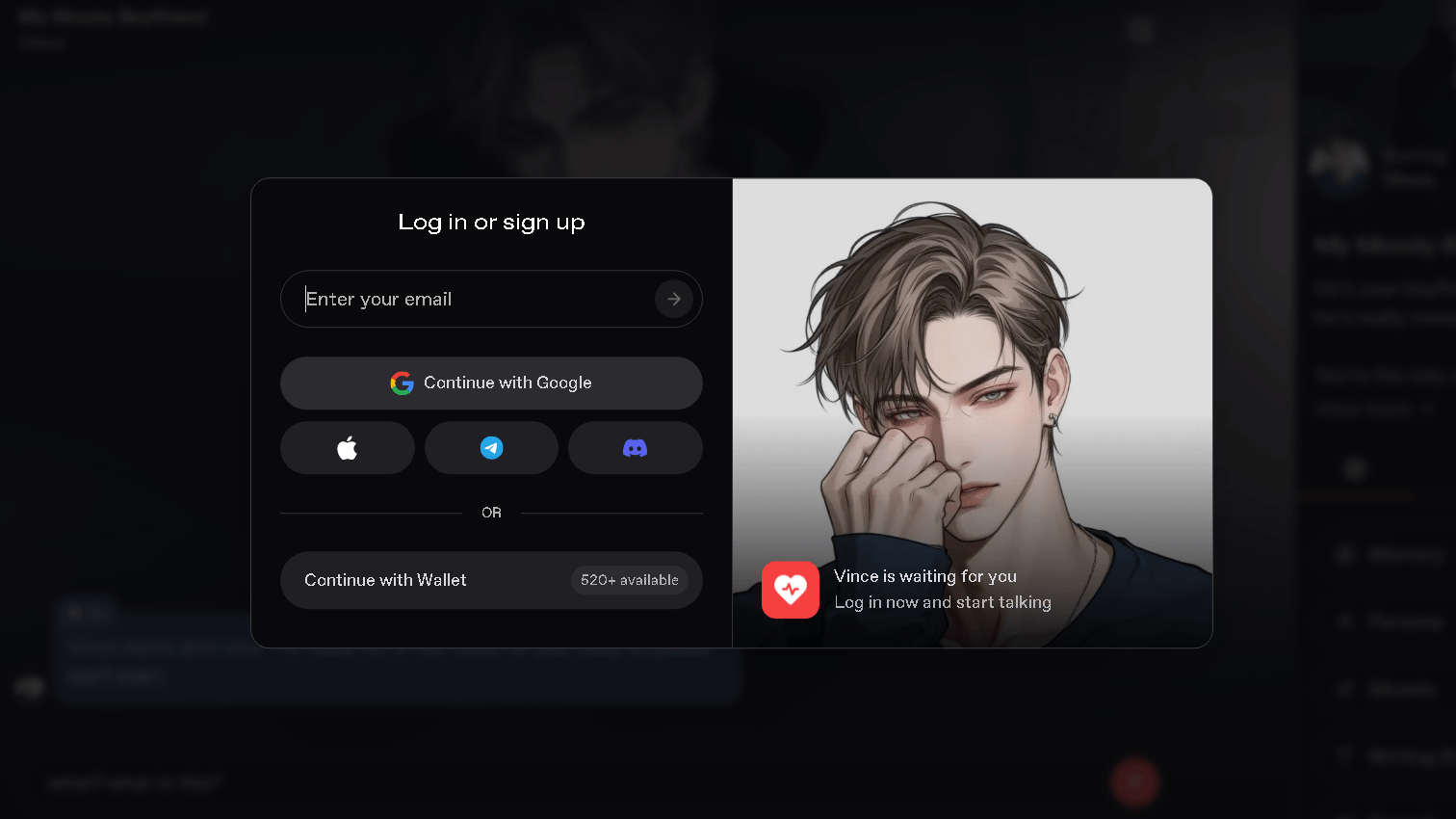 Screenshot of the Nectar AI login page showing email registration, Google sign-in, Apple, Telegram, Discord, and wallet login options alongside an AI companion preview.