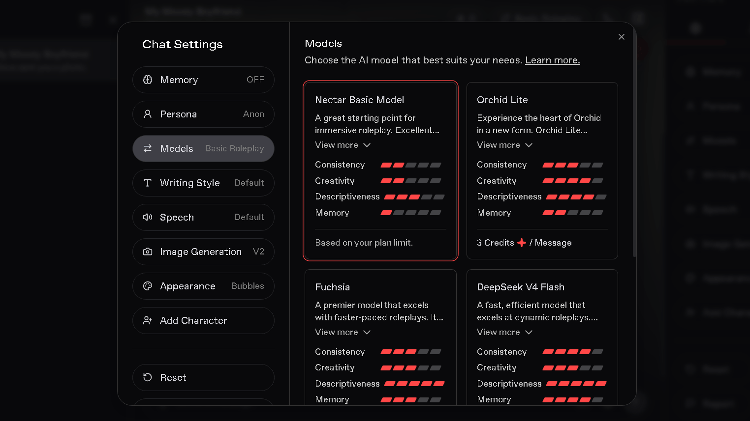 Screenshot of Nectar AI's model selection menu showing multiple AI models, including Nectar Basic Model, Orchid Lite, Fuchsia, and DeepSeek V4 Flash, with ratings for consistency, creativity, descriptiveness, and memory.