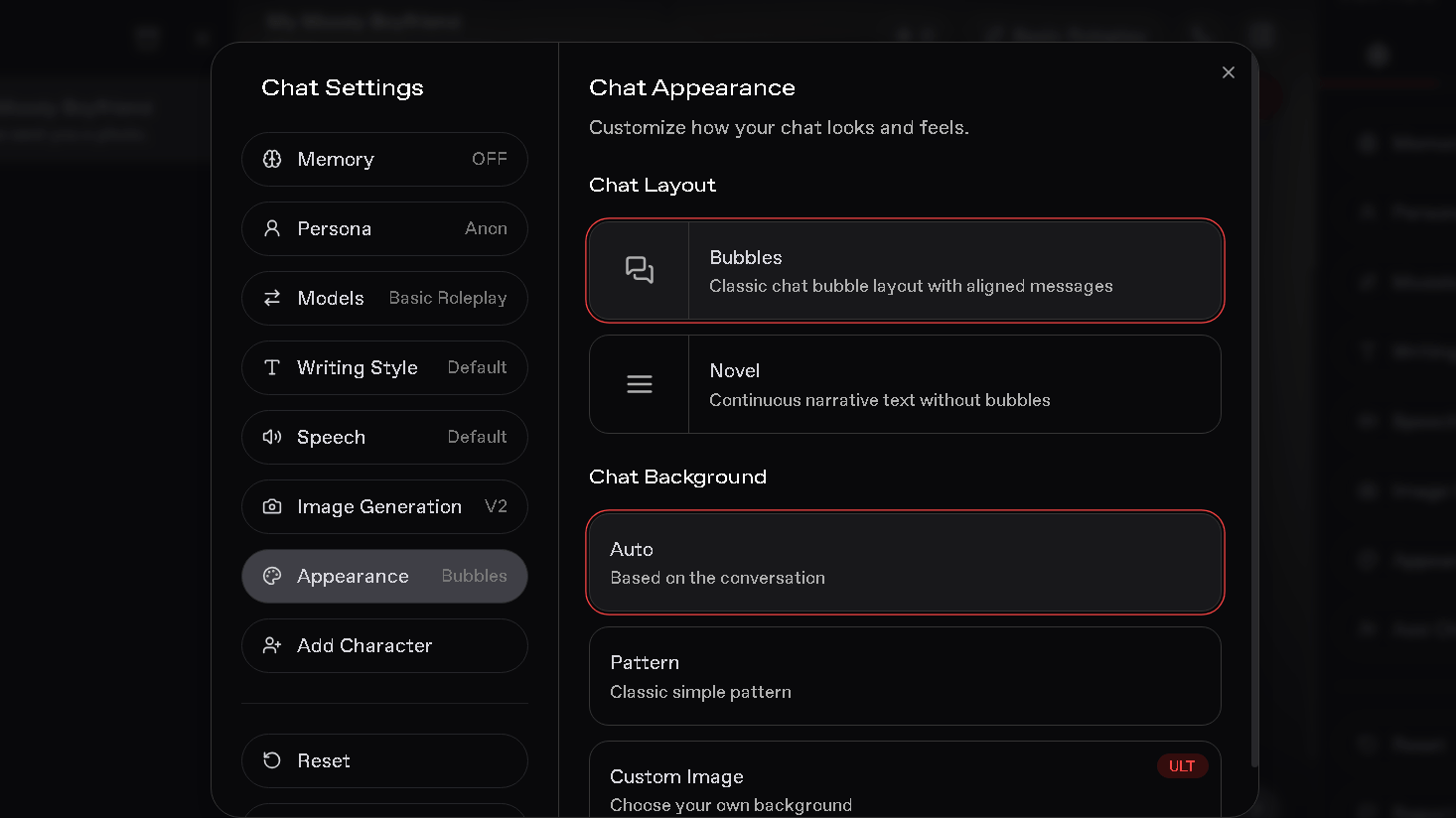 Screenshot of Nectar AI's chat appearance settings showing layout options including Bubble and Novel modes, plus customizable chat background preferences.