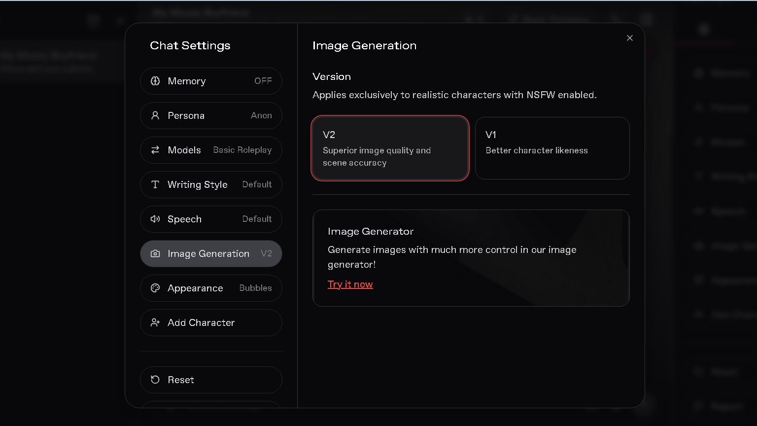 Screenshot of Nectar AI image generation settings showing V2 and V1 image models, with options for improved image quality, scene accuracy, and character likeness.