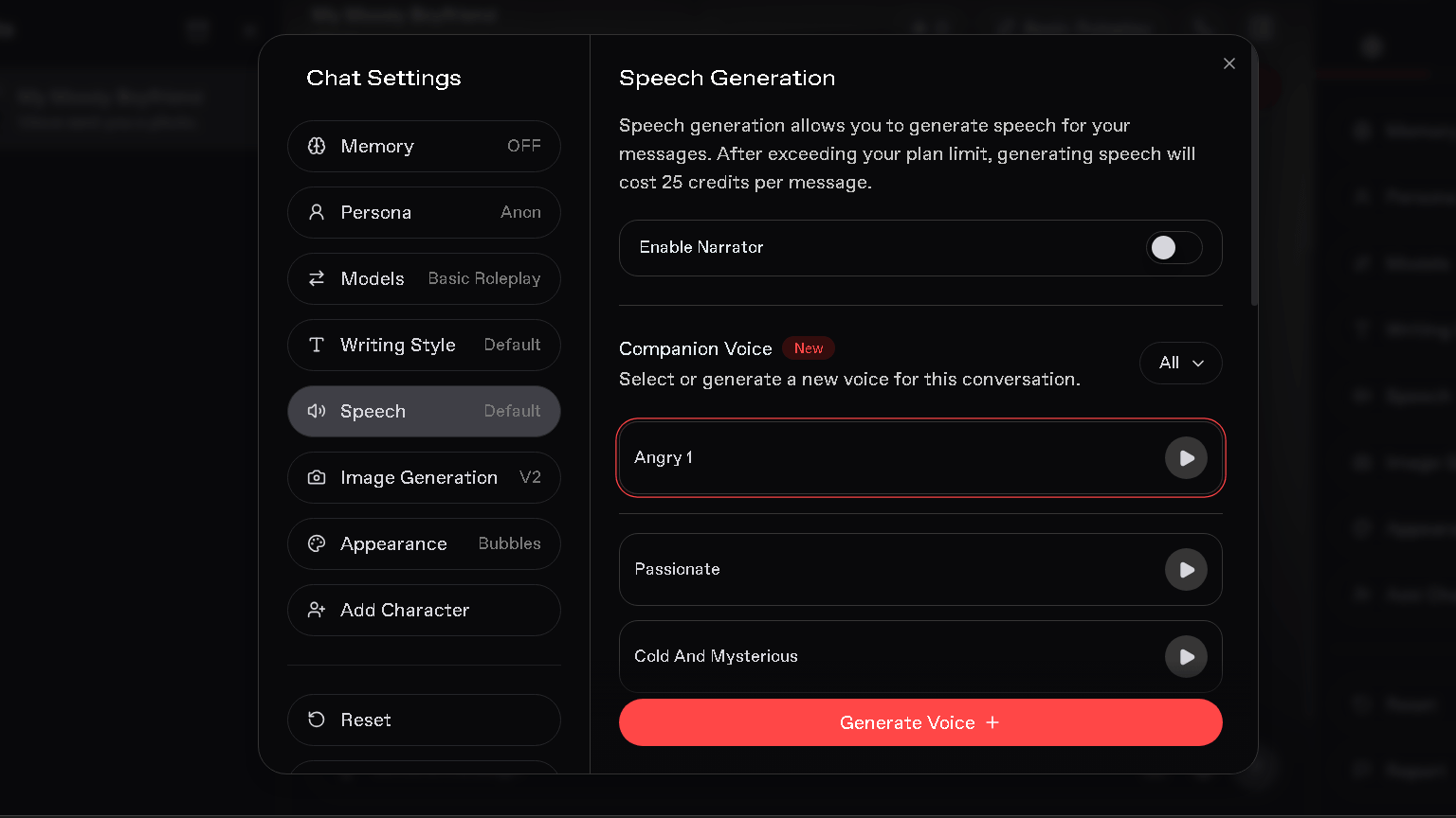 Screenshot of Nectar AI speech settings showing voice generation options, narrator toggle, and companion voice presets including Angry, Passionate, and Cold and Mysterious.