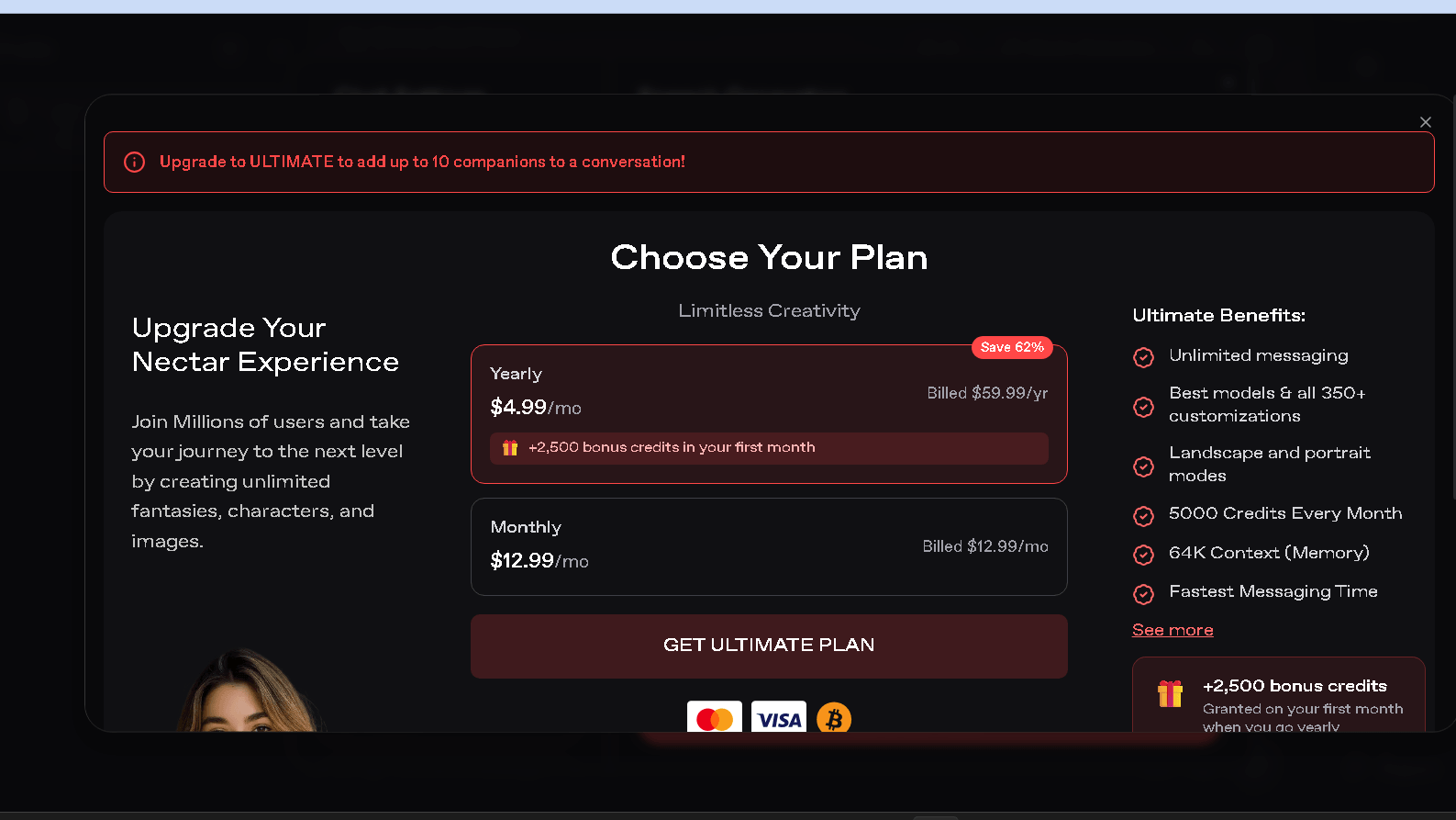 Screenshot of the Nectar AI Ultimate subscription plan showing monthly and yearly pricing, premium features, bonus credits, and unlimited messaging benefits.