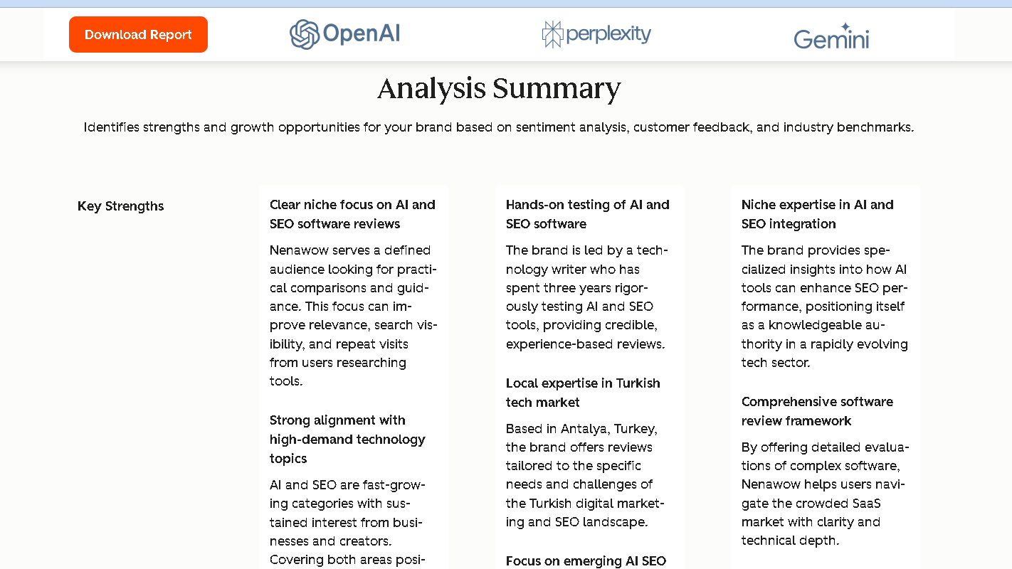 HubSpot AEO Grader analysis summary showing Nenawow strengths in AI and SEO software reviews, hands-on testing, AI SEO expertise, Turkish market knowledge, and software evaluation framework