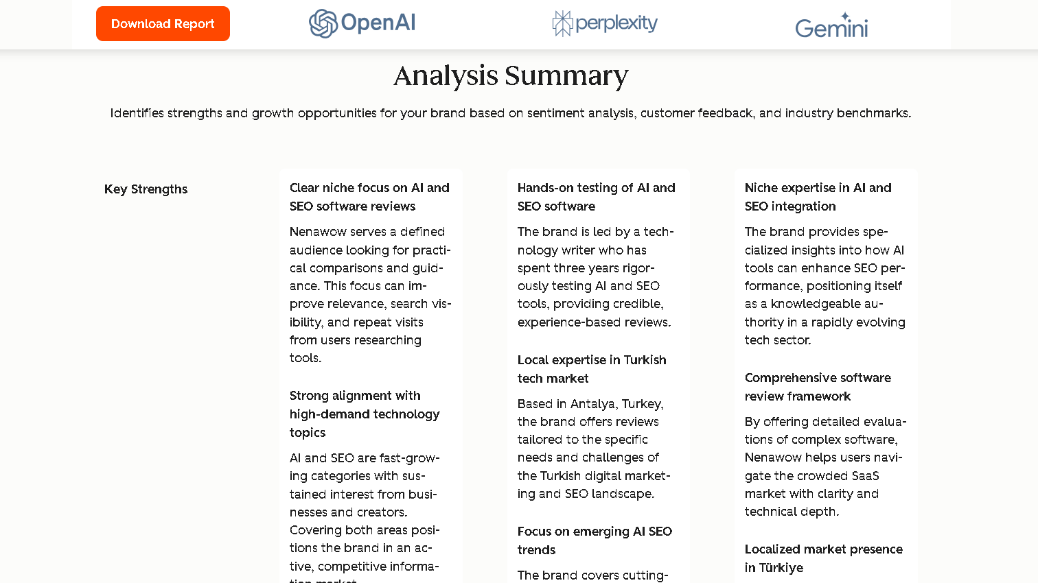 HubSpot AEO Grader analysis summary showing Nenawow strengths in AI and SEO software reviews, hands-on testing, AI SEO expertise, Turkish market knowledge, and software evaluation framework