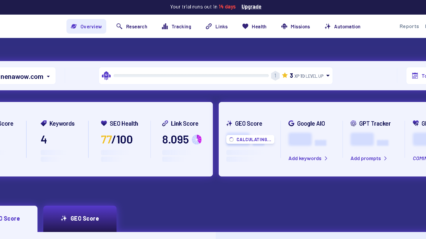 MorningScore dashboard showing SEO Score, SEO Health, Link Score, keyword tracking, and GEO Score calculation in progress for NenaWow