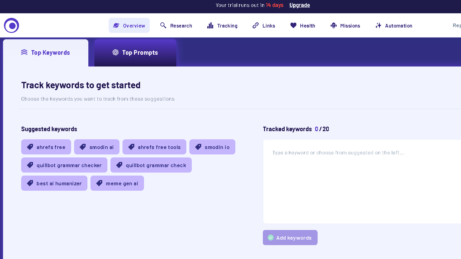 MorningScore keyword tracking dashboard showing automatically suggested keywords based on website content