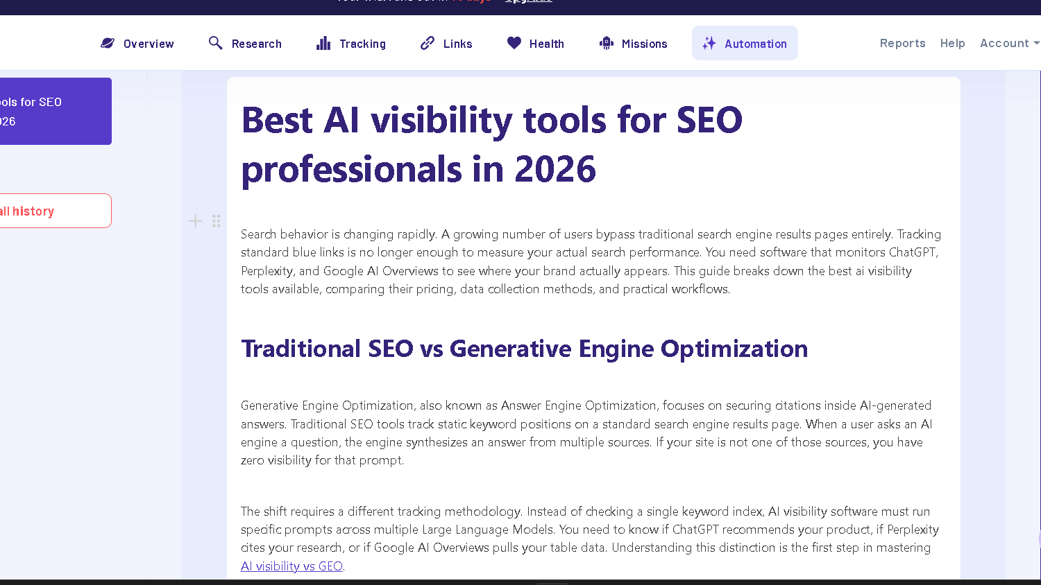 MorningScore Rank Writer displaying a completed AI-generated article about AI visibility tools with formatted headings and content sections