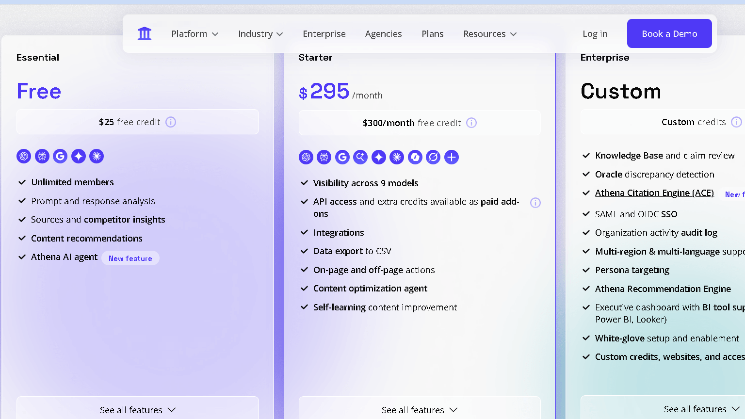 AthenaHQ pricing page showing Essential free plan, Starter plan at $295 per month, and custom Enterprise plan with feature comparisons