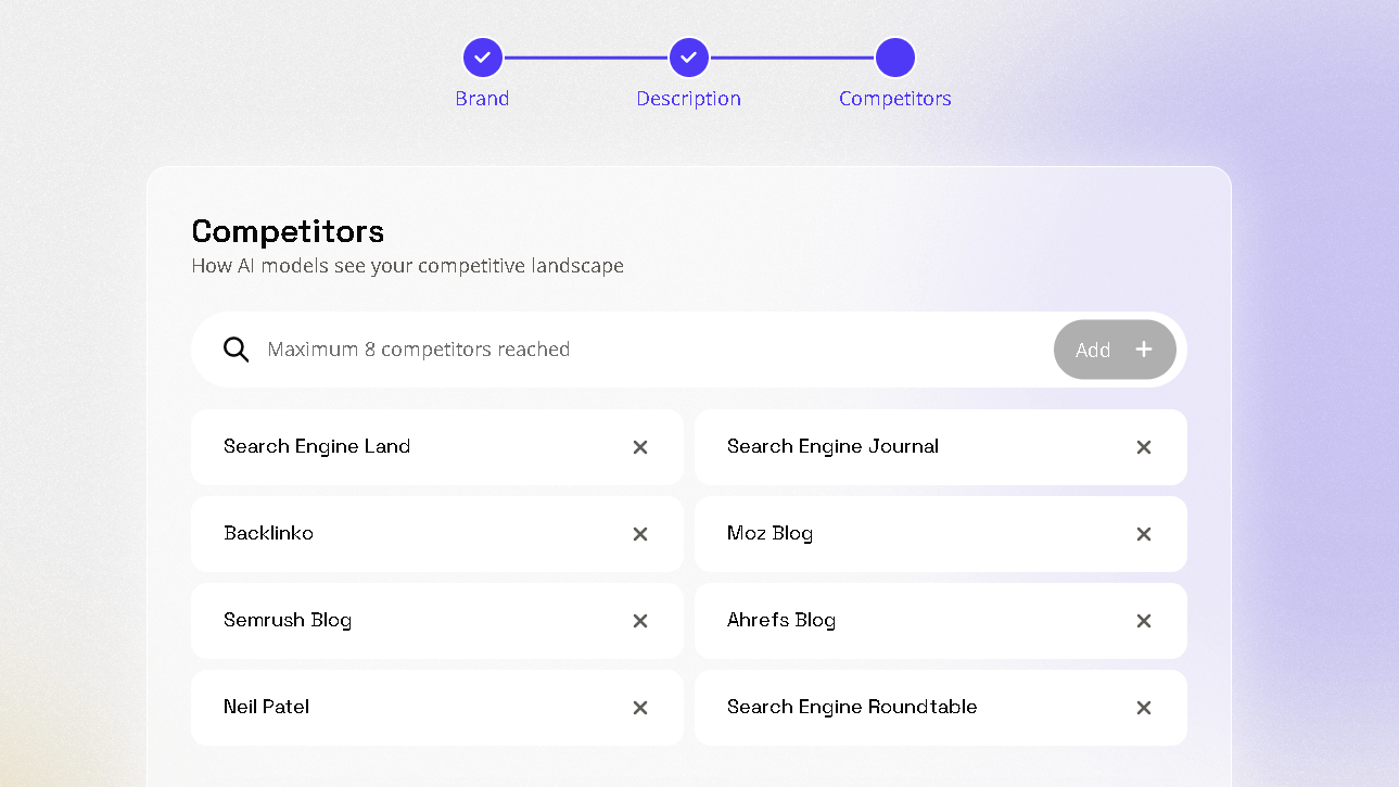 AthenaHQ competitor selection screen auto-populated with Search Engine Land, Search Engine Journal, Backlinko, Moz Blog, Semrush Blog, Ahrefs Blog, Neil Patel, and Search Engine Roundtable