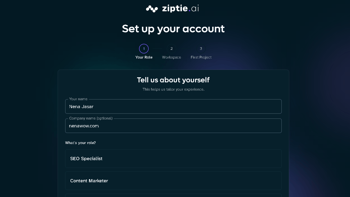 ZipTie onboarding step one of three showing a "Tell us about yourself" form with name, company, and role selection fields