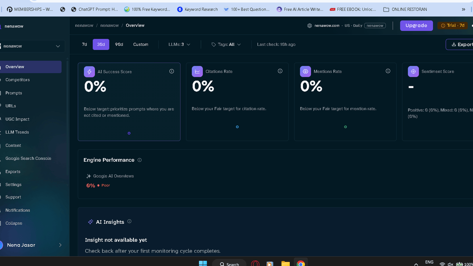 ZipTie dashboard overview showing AI Success Score, Citations Rate, Mentions Rate, and Sentiment Score all at 0%, with a "Last check: 10h ago" timestamp and an unavailable AI Insights panel