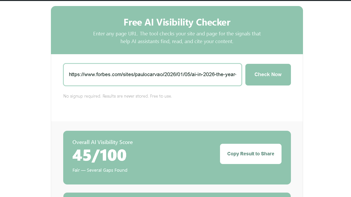 NenaWow's Free AI Visibility Checker results for Forbes' AI in 2026 outlook article showing an Overall AI Visibility Score of 45 out of 100, rated Fair