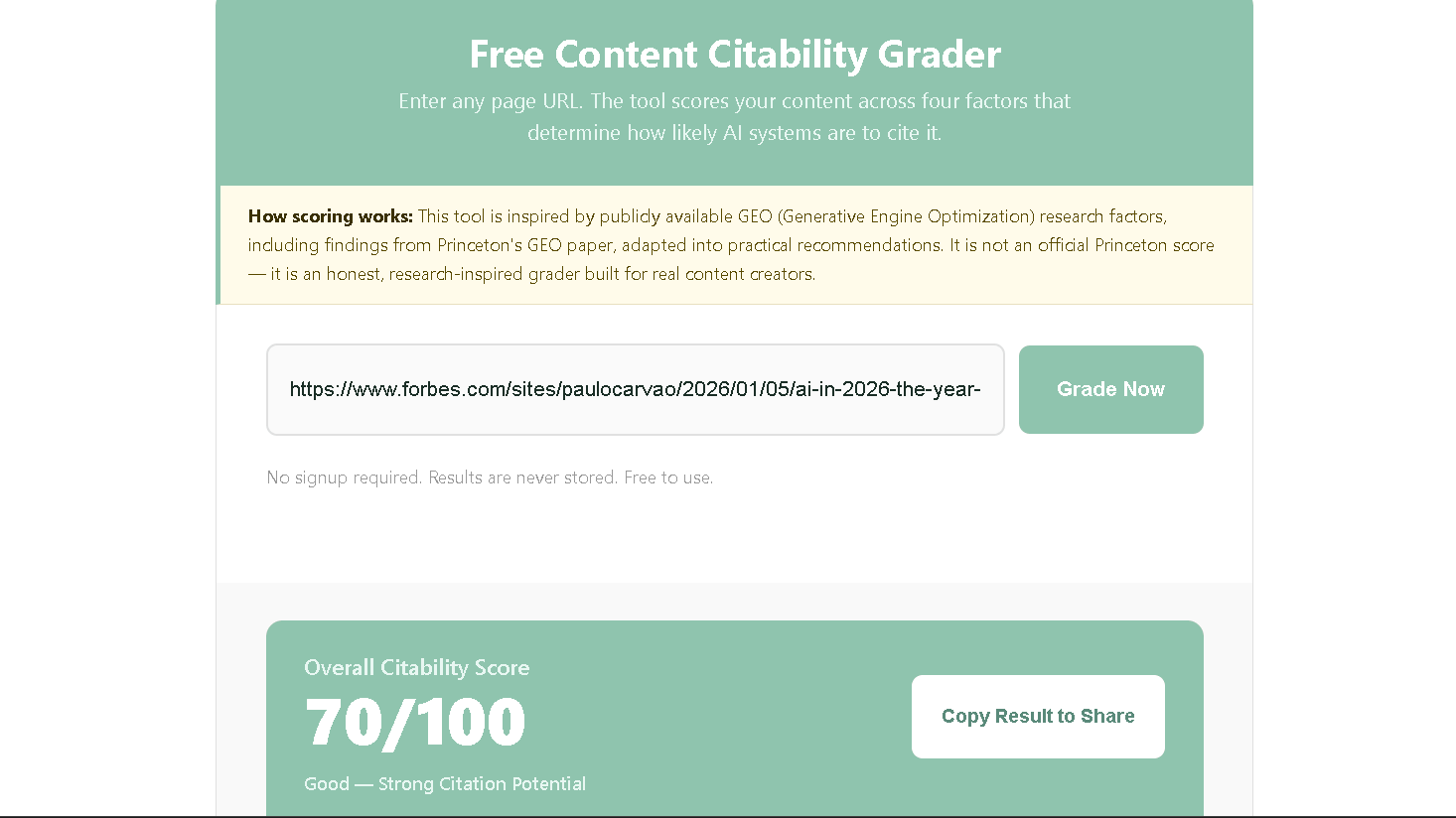 NenaWow's Free Content Citability Grader results for Forbes' AI in 2026 outlook article showing an Overall Citability Score of 70 out of 100, rated Good