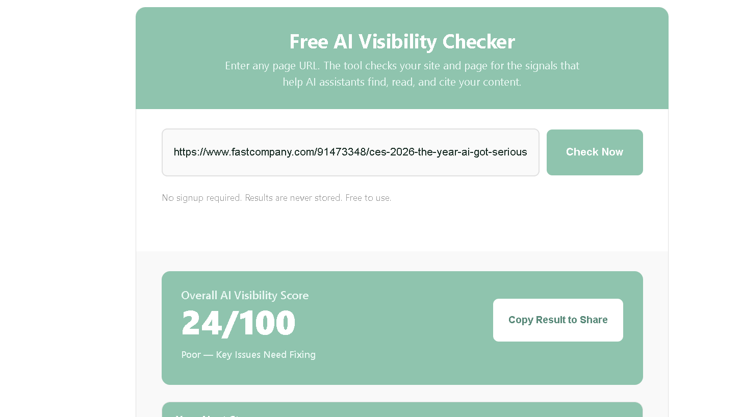NenaWow's Free AI Visibility Checker results for Fast Company's CES 2026 AI trends article showing an Overall AI Visibility Score of 24 out of 100, rated Poor