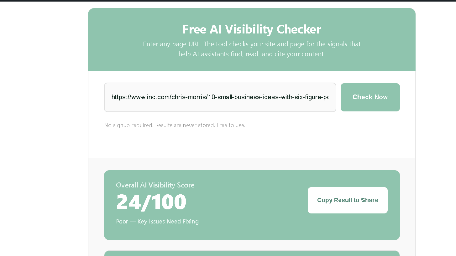 NenaWow's Free AI Visibility Checker results for Inc's small business ideas article showing an Overall AI Visibility Score of 24 out of 100, rated Poor
