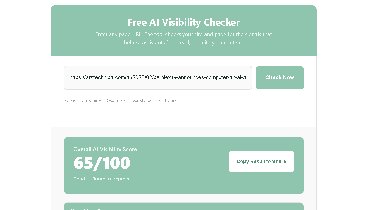 NenaWow's Free AI Visibility Checker results for Ars Technica's Perplexity Computer article showing an Overall AI Visibility Score of 65 out of 100, rated Good