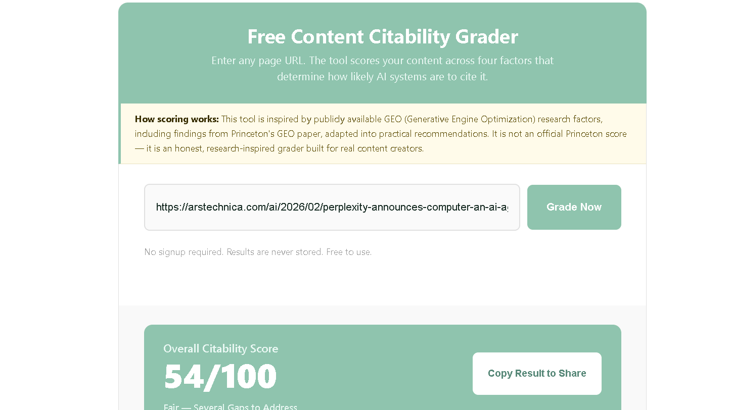 NenaWow's Free Content Citability Grader results for Ars Technica's Perplexity Computer article showing an Overall Citability Score of 54 out of 100, rated Fair