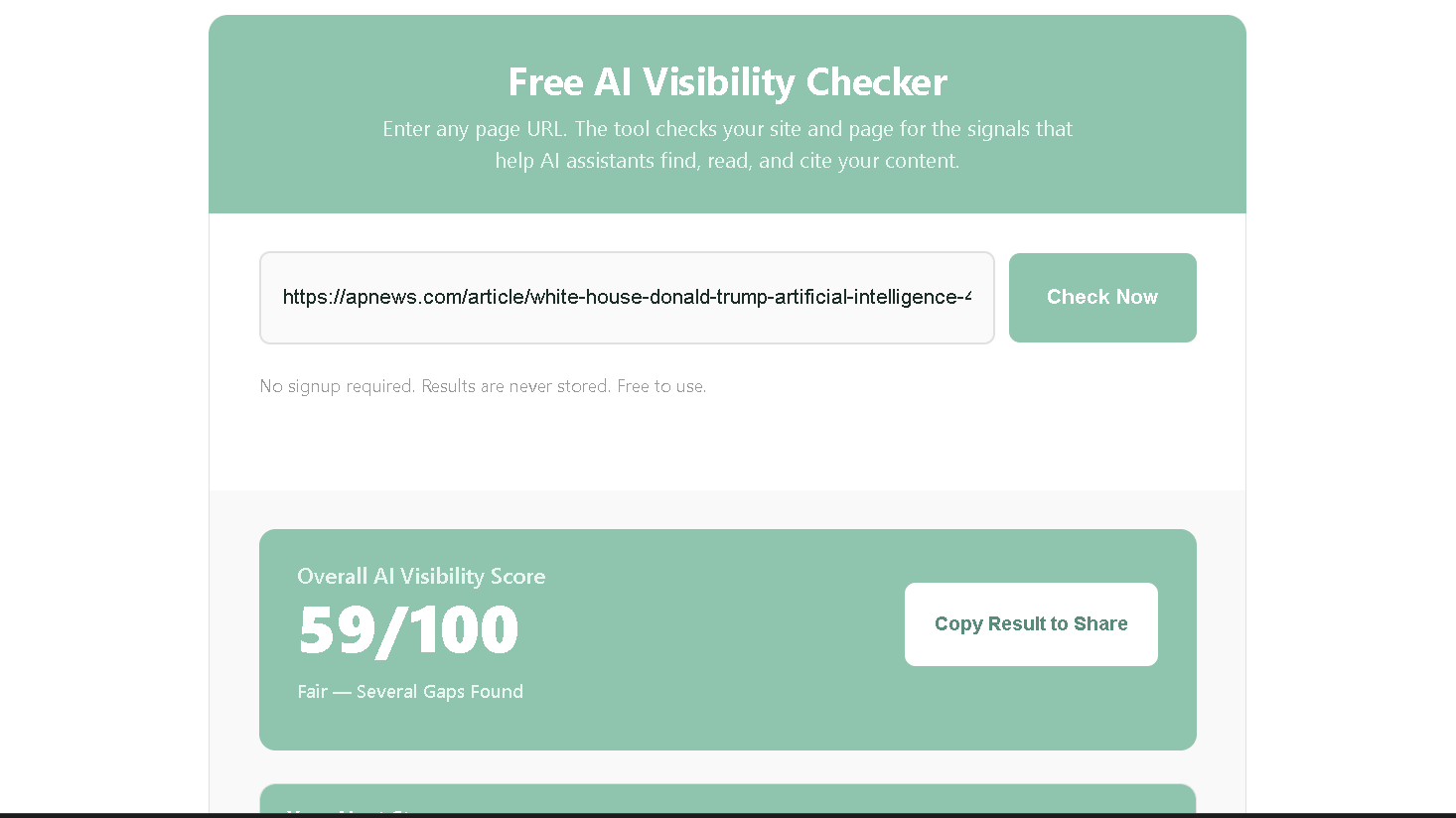 NenaWow's Free AI Visibility Checker results for the Associated Press's White House AI regulation article showing an Overall AI Visibility Score of 59 out of 100, rated Fair