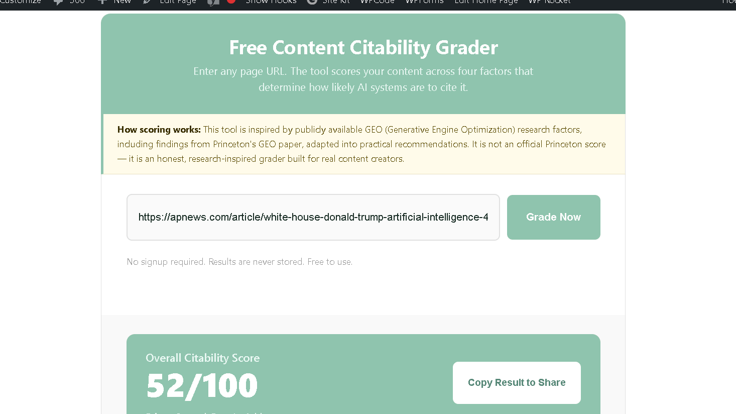 NenaWow's Free Content Citability Grader results for the Associated Press's White House AI regulation article showing an Overall Citability Score of 52 out of 100, rated Fair