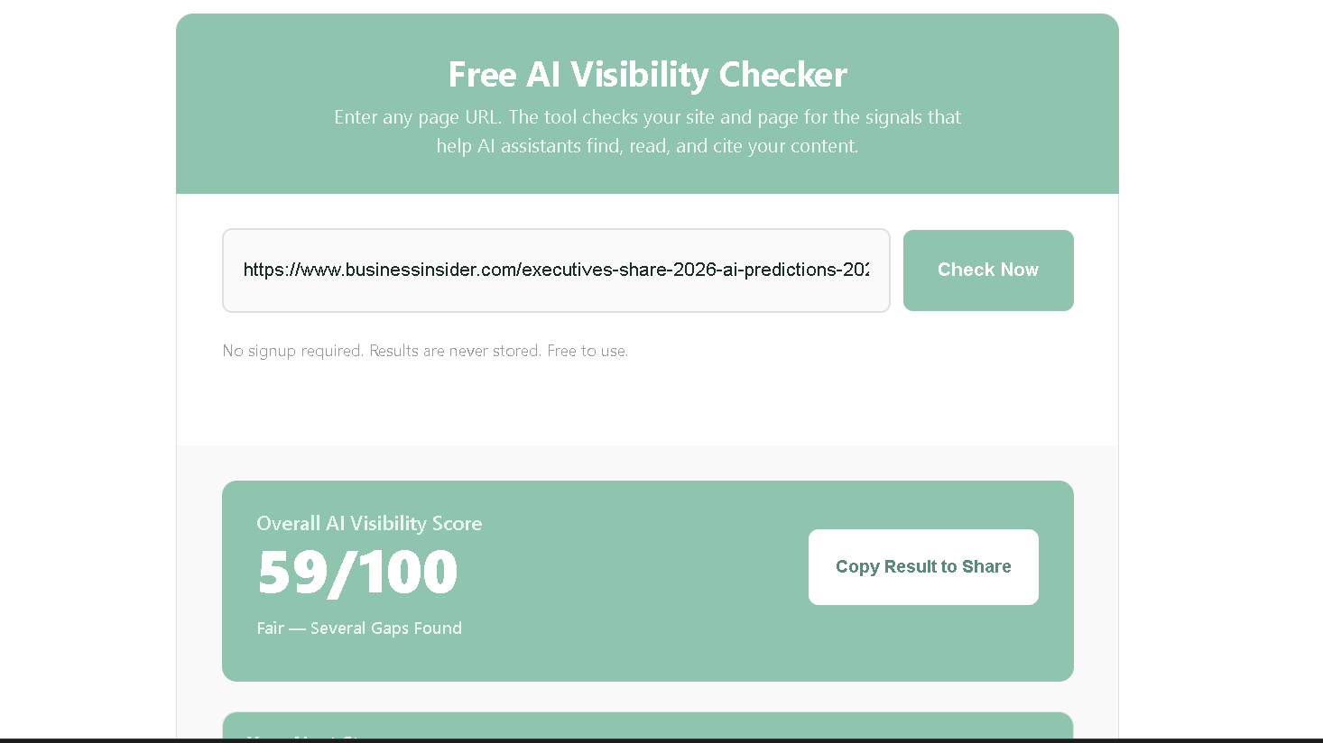 NenaWow's Free AI Visibility Checker results for Business Insider's executive AI predictions article showing an Overall AI Visibility Score of 59 out of 100, rated Fair