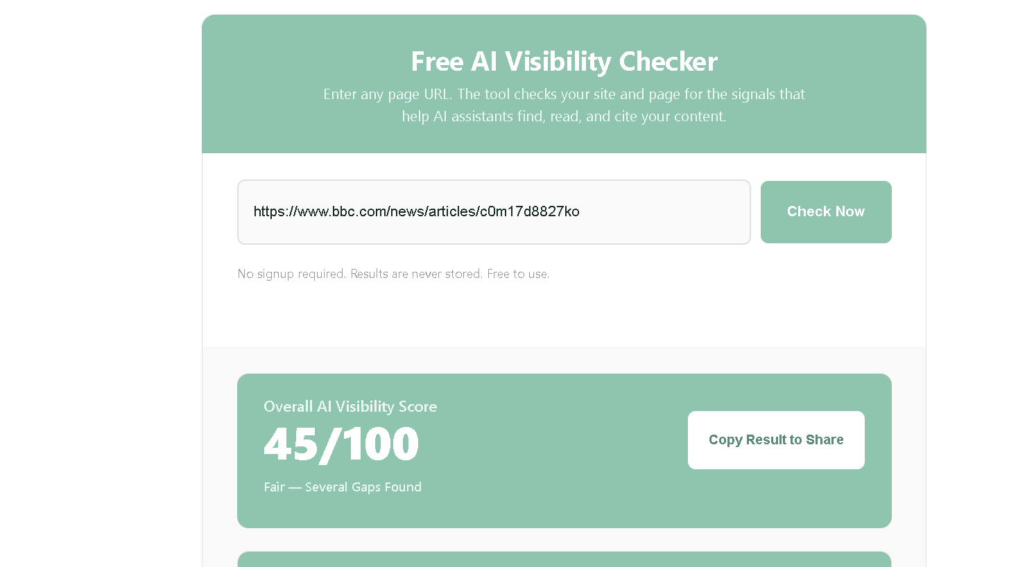 NenaWow's Free AI Visibility Checker results for BBC's AI chatbot news accuracy article showing an Overall AI Visibility Score of 45 out of 100, rated Fair