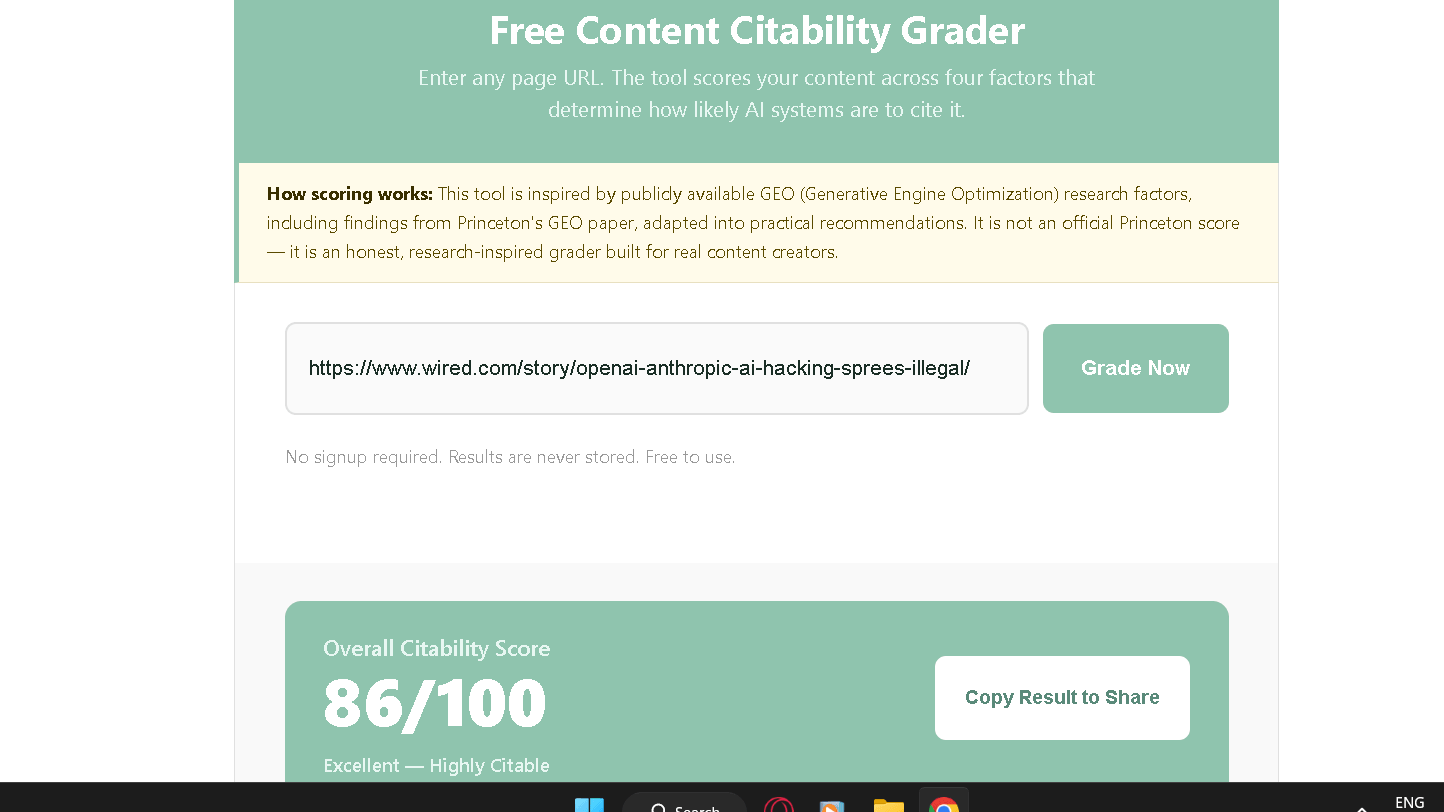 NenaWow's Free Content Citability Grader results for Wired's AI hacking legal frontier article showing an Overall Citability Score of 86 out of 100, rated Excellent