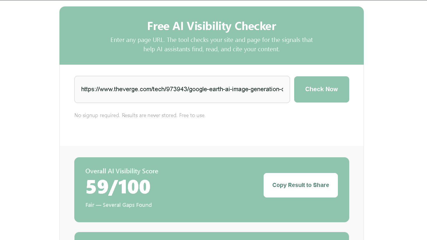 NenaWow's Free AI Visibility Checker results for The Verge's Google Earth AI deepfake tool article showing an Overall AI Visibility Score of 59 out of 100, rated Fair
