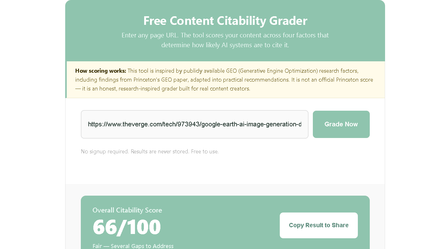 NenaWow's Free Content Citability Grader results for The Verge's Google Earth AI deepfake tool article showing an Overall Citability Score of 66 out of 100, rated Fair