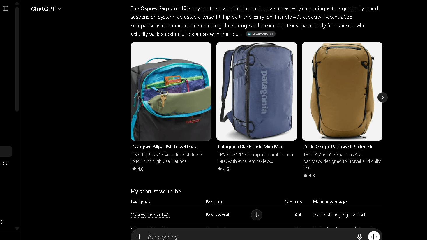 ChatGPT showing shopping cards for recommended travel backpacks during NenaWow’s 50-prompt product recommendation test