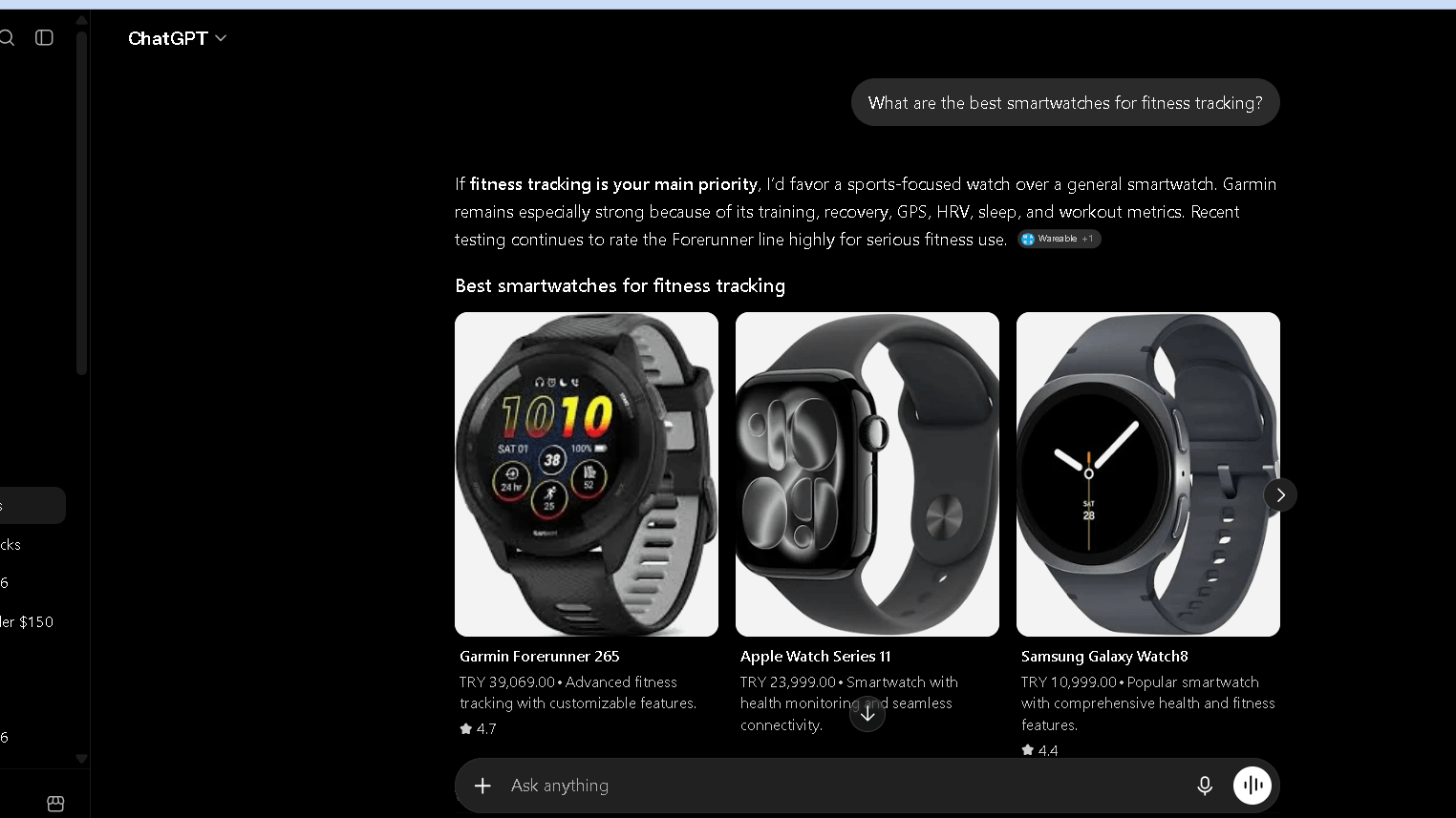 ChatGPT product recommendations for the best smartwatches for fitness tracking